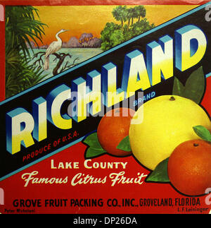 May 18, 2006; Miami, FL, USA; This vintage fruit crate label promotes the Richland brand.  Further copy on the label:  Lake County Famous Citrus Fruit:  Grove Fruit Packing Co., Inc., Groveland, Florida.  Mandatory Credit: Photo by Historical Museum of Southern Florida/Palm Beach Post/ZUMA Press. (©) Copyright 2006 by Palm Beach Post Stock Photo