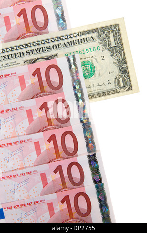U.S. one dollar bill sticking out from a group of ten euro bills Stock Photo