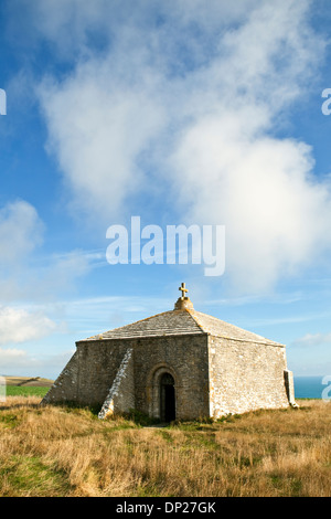 A view of St Aldhelm's Chapel on St Aldhelm's Head, on the Jurassic Coast in Dorset UK. Also called St Alban's Head Stock Photo