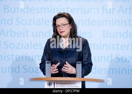 Berlin, Germany. 7th Jan, 2014. Press conference with Labour Minister Andrea Nahles on the Germany Labour Market Performance in December 2013 at BMAS in Berlin. / Picture: Andrea Nahles (SPD), Minister of Labour and Social Affairs, in Berlin, on January 7, 2014. © Reynaldo Paganelli/NurPhoto/ZUMAPRESS.com/Alamy Live News Stock Photo