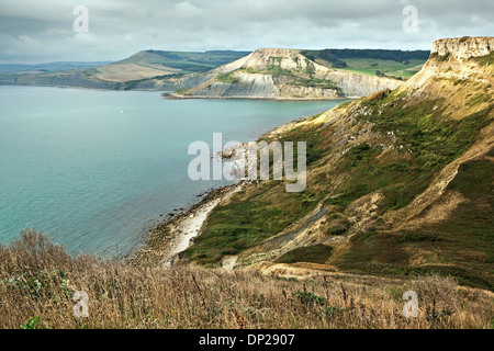 A view from St Aldhelm's Head in Purbeck looking along the Jurassic Coast in Dorset UK towards Chapman's Pool and Egmont Point Stock Photo