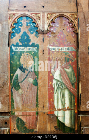 Mediaeval paintings on part of the rood screen at St Nicholas church, Salthouse, Norfolk.  DETAILS IN DESCRIPTION. Stock Photo