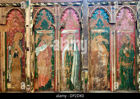 Mediaeval paintings on part of the rood screen at St Nicholas church, Salthouse, Norfolk.  DETAILS IN DESCRIPTION. Stock Photo