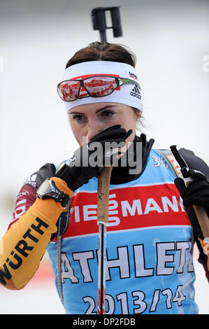 Ruhpolding, Germany. 07th Jan, 2014. German biathlete Evi Sachenbacher-Stehle wipes over her nose during the training at the Biathlon World Cup at Chiemgau Arena in Ruhpolding, Germany, 07 January 2014. Photo: Tobias Hase/dpa/Alamy Live News Stock Photo
