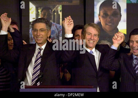 Jun 07, 2006; Los Angeles, CA, USA; California State Treasurer and Democratic nominee for Governor PHIL ANGELIDES, left, and California Controller STEVE WESTLY raise hands in solidarity as they're joined on stage by Fabian Nunez, speaker of the state assembly, right,  at a Unity press conference on Wednesday, June 7, 2006, in Los Angeles.   Mandatory Credit: Photo by Renee C. Byer/ Stock Photo