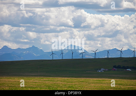 Wind generators in field, mountain range in background, Montana, USA Stock Photo