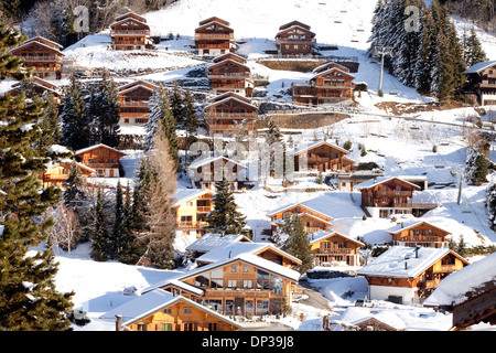 Swiss ski chalets in winter,  in the skiing village of Morgins, les Portes du Soleil, Switzerland, Europe Stock Photo