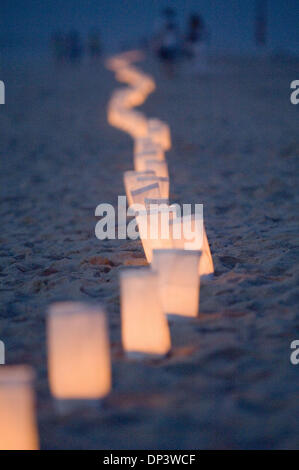 Jul 17, 2006; Shirley, NY, USA; Flight TWA 800 10th Anniversary Memorial services at Smith Point County Park in Shirley. Candles line the beach. On the beach close to where 230 people lost their lives, hundreds of relatives, friends and rescue workers gathered to commemorate the 10th anniversary of the disaster. Minutes after taking off from Kennedy Airport, TWA Flight 800 to Paris Stock Photo
