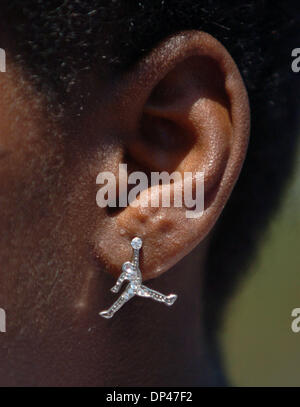 Jul 29, 2006; San Pablo, CA, USA; AARON AUSTIN, 15, sports an Air Jordan earring at the BSAA (Black Sports Agents Association) sports and dance clinic at Contra Costa College. The clinic, thrown by Andre Farr, a former Kennedy High School and UCLA football player, featured motivational speakers and professional coaches giving instruction in basketball, football and dance among othe Stock Photo