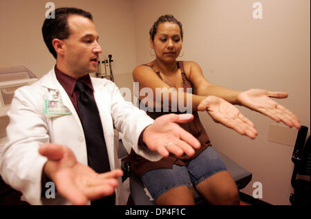 Aug 09, 2006; San Diego, CA, USA; DR. BRETT MEYER (left) of UCSD Medical Center in Hillcrest, works with patient GUADALUPE VASQUEZ to check for coordination ability during an examination after her stroke.  Mandatory Credit: Photo by Earnie Grafton/SDU-T/ZUMA Press. (©) Copyright 2006 by SDU-T Stock Photo