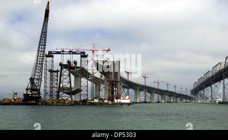 Aug 29, 2006; Oakland, CA, USA; A 1750 ton steel box girder bridge segment is slowly raised toward its connection to the west-bound Skyway section of the new Bay Bridge during an 40-hour project Tuesday, August 29, 2006 in Oakland, Calif.  The segment will connect the Skyway to the self-anchored Suspension span on the bridge. Mandatory Credit: Photo by Bob PeppingContra Costa Times Stock Photo