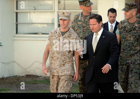 Aug 30, 2006; Camp Pendleton, CA, USA; Marine Cpl. MARSHALL MAGINCALDA, front left, walks to the building where his 9:00 a.m. Article 32 Investigation hearing will occur. Next to him is his lawyer JOSEPH LOW. Behind are other members of his defense team. Mandatory Credit: Photo by Charlie Neuman/SDU-T/ZUMA Press. (©) Copyright 2006 by SDU-T Stock Photo