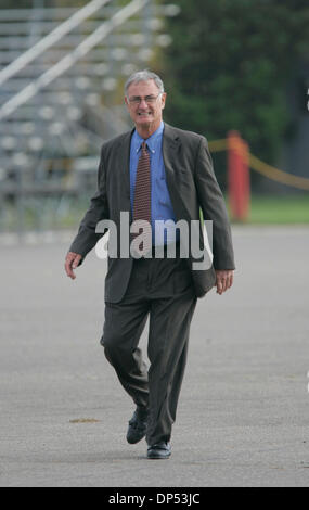 Aug 30, 2006; Camp Pendleton, CA, USA; Retired USMC Brig. Gen. DAVID BRAHMS, now a Carlsbad lawyer and defense lawyer for Marine Lance Cpl. Robert Pennington, one of the accused Marines, walks across the expansive 22 Area parade deck to come and speak to a large amount of the press gathered outside the nearby Media Center that were waiting for the Article 32 Investigation hearings  Stock Photo