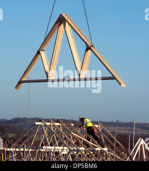 Installation of A frame roof timbers new residential housing, Grantham, Lincolnshire Stock Photo