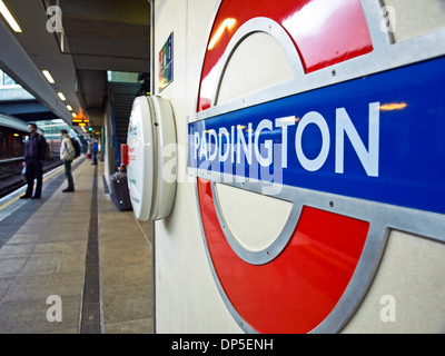 Paddington Underground Station roundel and platform, London, England, United Kingdom Stock Photo