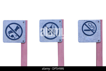 No littering sign, no alcohol sign and do not smoking sign in the public park. Stock Photo