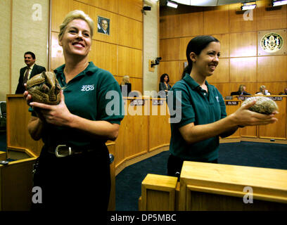 Sep 19, 2006; San Diego, CA, USA; Zookeepers HEIDI TROWBRIDGE, with a three-banded armadillo, left, and APRIL FORREST, with a hedgehog, right, show off their animals at a San Diego City Council meeting after Councilwoman TONI ATKINS presented a resolution to the San Diego Zoological Society in honor of their 90th year in San Diego. The Zoological Society of San Diego was founded Oc Stock Photo