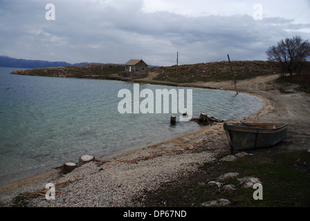 Panorama Armenia lake Sevan and cut trees Stock Photo