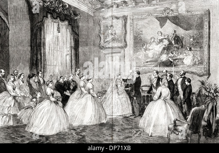 Marriage ceremony of Princess Alice & Prince Louis of Hesse in the dining-room of Osborne House Isle of Wight. Victorian woodcut engraving circa 1862 double-page spread Stock Photo