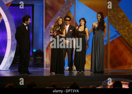 Nov 02, 2006; New York, NY, USA; Singer SHAKIRA wins her first Grammy of the night for 'Song of the Year' for 'La Tortura' at the 7th Annual Latin Grammy Awards held at Madison Square Garden. Also pictured: Presenters TEGO CALDERON and ALEJANDRA GUZMAN. Mandatory Credit: Photo by Aviv Small/ZUMA Press. (©) Copyright 2006 by Aviv Small Stock Photo