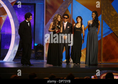 Nov 02, 2006; New York, NY, USA; Singer SHAKIRA wins her first Grammy of the night for 'Song of the Year' for 'La Tortura' at the 7th Annual Latin Grammy Awards held at Madison Square Garden. Also pictured: Presenters TEGO CALDERON and ALEJANDRA GUZMAN. Mandatory Credit: Photo by Aviv Small/ZUMA Press. (©) Copyright 2006 by Aviv Small Stock Photo