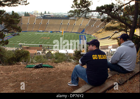 Nov 04, 2006; Berkeley, CA, USA; University of California, Berkeley Bear fans (L-R) EDUARDO MONTELONGO and MARTIN LOPEZ sit atop Tightwad Hill before the start of the California Golden Bears vs. UCLA Bruins game at Memorial Stadium. Future planned stadium renovations will block the view of hundreds of fans that use the hill to watch the game. Montelongo stated, 'It's a pretty view  Stock Photo