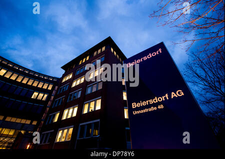 Hamburg, Germany. 08th Jan, 2014. The new logo of the German personal care company Beiersdorf is pictured at the main entrance of the Beiersdorf AG research center in Hamburg, Germany, 08 January 2014. The manufacturer of products like the popular Nivea moisturiser renews it's logo for the first time in 35 year's. Photo: MAJA HITIJ/dpa/Alamy Live News Stock Photo