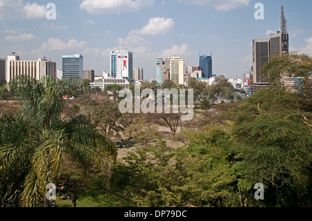 Nairobi city skyline with high rise multi storey buildings seen across Uhuru Park and Nyayo Monument from Nairobi Serena Hotel Stock Photo