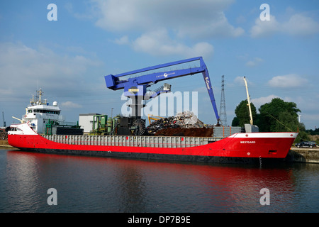 E-Crane, scrap crane loading recycled metal on cargo ship, Van Heyghen Recycling export terminal, Ghent port, Flanders, Belgium Stock Photo