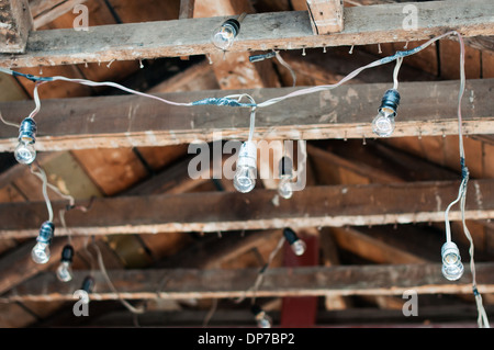 Electrically light bulbs hanging on old wooden ceiling Stock Photo