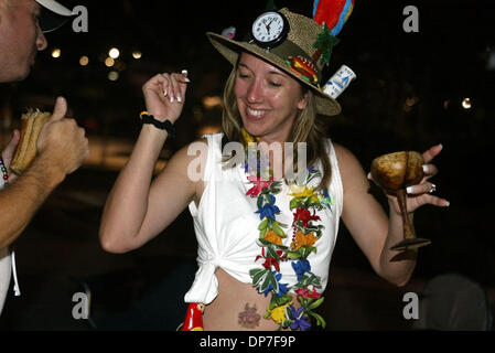 Nov 14, 2006; West Palm Beach, FL, USA; Debbie Wilson of Stuart is completely decked out for Tuesday night's Jimmy Buffett concert at Sound Advice Amphitheater with Buffett-esque attire from head to toe including a straw skirt, a Hawaiin lei, a parrot on her hat, and a clock that reads five o'clock. Mandatory Credit: Photo by Eliza Gutierrez/Palm Beach Post/ZUMA Press. (©) Copyrigh Stock Photo