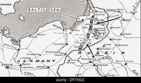 Map illustrating the advance of the Russian Army of Invasion in the east of Germany, during WWI Stock Photo