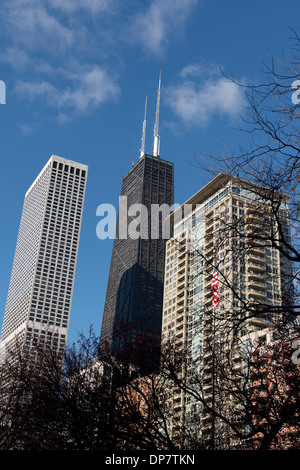 Hancock and other buildings in downtown Chicago in winter. Stock Photo