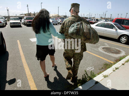 Apr 06, 2006; Camp Pendleton, CA, USA; TONIA SARGENT, left, helps her husband, Gunnery Sgt. KENNETH 'TOP' SARGENT (R) as he leaves work at Camp Pendleton's Repairable Maintenance Center, formerly known as General Support Maintenance in Oceanside. After Kenneth sustained a brain injury in an ambush in Iraq and while nursing her brain-injured husband through a long recovery, Tonia, 3