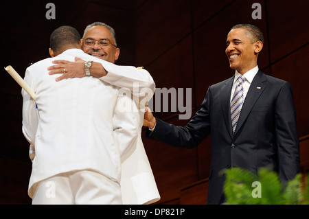 US President Barack Obama and retired Rear Adm. Stephen Rochon during the Coast Guard Academy's 130th commencement ceremony May 18, 2011 in New London, CT. Stock Photo