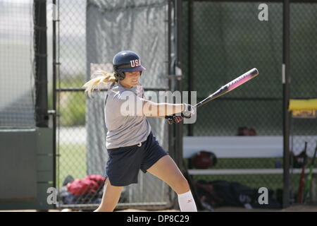 (Published 7/9/2006, C-2) Softball pitching star Jennie Finch practices her hitting at the Olympic Training Center in chula Vista.  Nelvin Cepeda / Union-Tribune Stock Photo