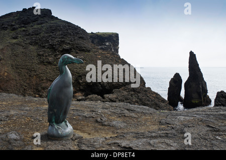 Great Auk memorial sculpture statue at Valahnukur cliffs Reykjanes ...