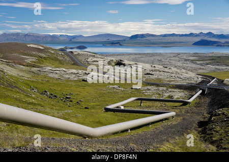 Pipeline from Nesjavellir geothermal power station at Lake Thingvallavatn (Pingvallavatn), Iceland Stock Photo