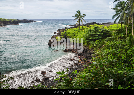 The exotic and famous Black Sand Beach of Waianapanapa State Park in Maui, Hawaii. Stock Photo