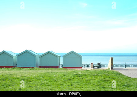 Back of beach huts looking out to sea from Hove, East Sussex