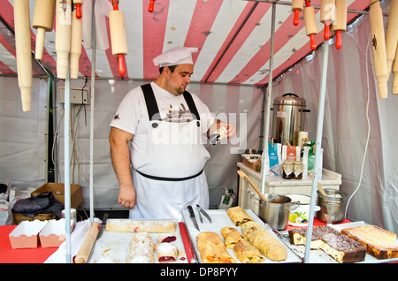 Ukrainian food stand during outdoor street festival in Lviv, Ukraine Stock Photo