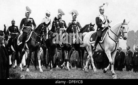 The German Emperor Wilhelm II. on the imperial parade of the X corps in 1907. In the second row (left-right) Prince Eitel Friedrich, Crown Prince Wilhelm, Prince Oskar, Prince Albert of Belgium. In the background, members of the warriors' association. The German Emperor Wilhelm II. was the last German Emperor from 1888 until 1918. Stock Photo