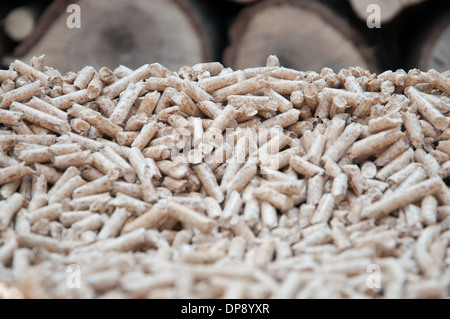 Heap of Pine pellets in front a pile of fire wood Stock Photo