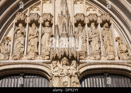 BRUSSELS - JUNE 22: Detail from main portal from gothic cathedral of Saint Michael and Saint Gudula on June 22, 2012 in Brussels Stock Photo