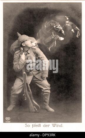 A postcard shows a retouched photograph depicting a giant German solider who blews away three small soldiers - symbolizing the Russian, French and British Army. 'This how the wind blows' (German idiom, translating into 'This is how the land lies') is written under the propagandistic image. Photo: Sammlung Sauer Stock Photo