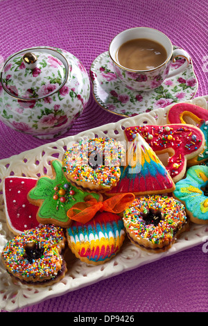 Breakfast with the Sugar, coffee and decorated sweet purple cover Stock Photo