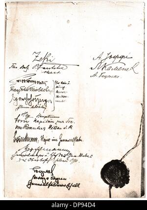 Signatures and seal of the ceasefire agreement of 15 December 1917. During the peace negotiations, an exclusive protectorate treaty of the Central Powers with the Ukranian People's Republic was signed on 9 February 1918. The negotiations ended with the signing of the peace treaty of Brest-Litovsk from 3 March 1918 between the Central Powers and the Soviet Russia. Fotoarchiv für Zeitgeschichte Stock Photo