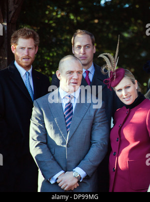 Prince Harry, Prince William, Zara Phillips and Mike Tindall attend the Royal Family service in Sandringham on Christmas Day 201 Stock Photo