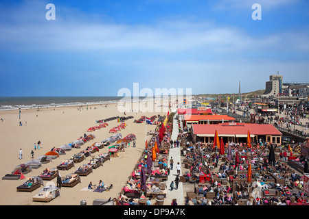 Cafes, restaurants, clubs along the Scheveningen beach by the North Sea in The Hague, Holland, Netherlands. Stock Photo