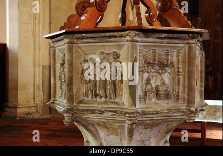 Detail from the seven sacrament font in the parish church of St Margaret at Cley next the Sea, Norfolk, England, United Kingdom. Stock Photo